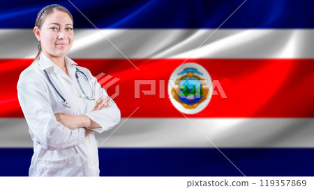 Female doctor with crossed arms with Costa Rican flag in the background. Health care concept with Costa Rica flag in background Female doctor with crossed arms with Costa Rican flag in the background. Health care concept with Costa Rica flag in background 119357869