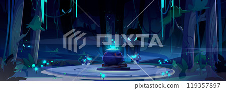 Spooky night forest landscape with witch cauldron 119357897