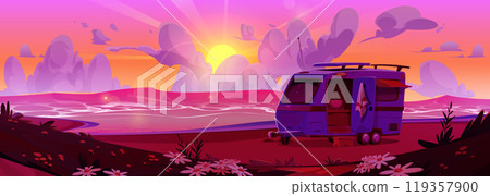 Camper van trailer on sea or lake beach on sunset 119357900