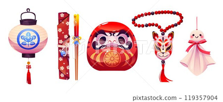 Japanese daruma toy and accessories set 119357904