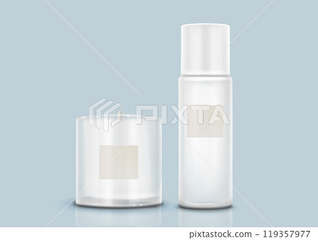 White candle in glass and perfume in bottle. 119357977
