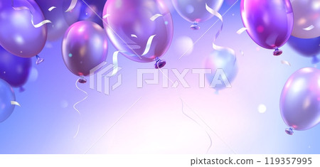 Purple birthday banner with balloons and confetti 119357995