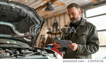 A mechanic in uniform is consults a digital tablet while servicing a car in an automotive workshop. The open hood of the vehicle under repair. 119358136