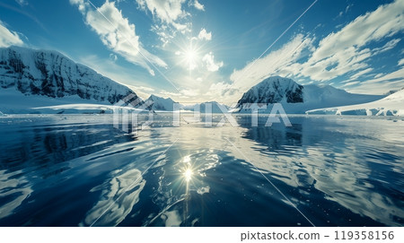 Sunrise over mountains covered in snow. Pieces of ice frozen in the cold waters of the ocean. Melting glacier. Illustration of climate change. 119358156