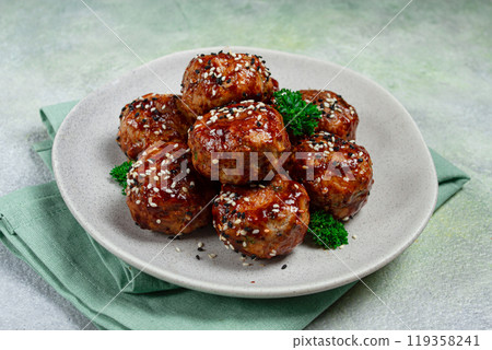 Tsukune, Japanese meatballs, minced chicken, fried on a skewer, with yakitori sauce, homemade, no people, 119358241