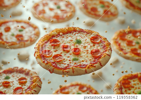 A pepperoni pizza with melted cheese floating amidst a flurry of ingredients and toppings 119358362
