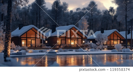 Modern, snowy cabins by a frozen lake, glowing warmly in the peaceful twilight hour Modern, snowy cabins by a frozen lake, glowing warmly in the peaceful twilight hour 119358374