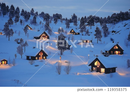 A hillside village of snowy wooden houses, each illuminated in the tranquil winter dusk 119358375