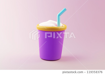 A purple cup filled with a foamy drink, topped with a yellow lid and turquoise straw 119358376