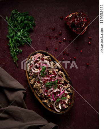 Kuchmachi, Traditional Georgian cuisine, chicken giblets appetizer, with spices and pomegranate seeds, on ketsi, no people, homemade, 119358431