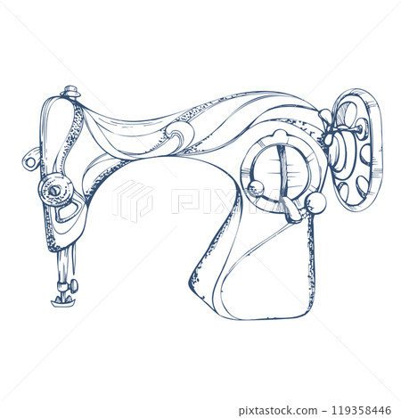 Vintage retro sewing machine, indigo grey metal. Hand drawn ink vector illustration sewing craft supplies. Single object isolated on white background. Design atelier, tailor, hobby shop, seamstress Vintage retro sewing machine, indigo grey metal. Hand drawn ink vector illustration sewing craft supplies. Single object isolated on white background. Design atelier, tailor, hobby shop, seamstress 119358446