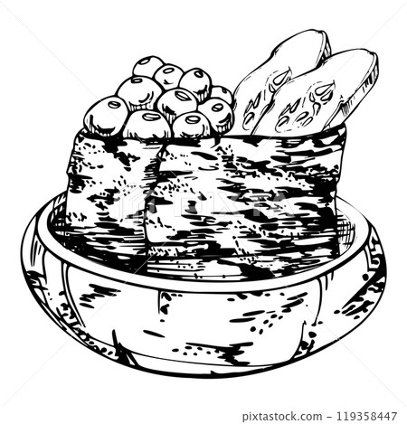 Traditional Japanese food, gunkan sushi with raw fish salmon caviar, cucumber slices in ceramic bowl, hand drawn in vector pen and ink. Illustration for restaurant, cafe menu, kitchen, recipe book 119358447