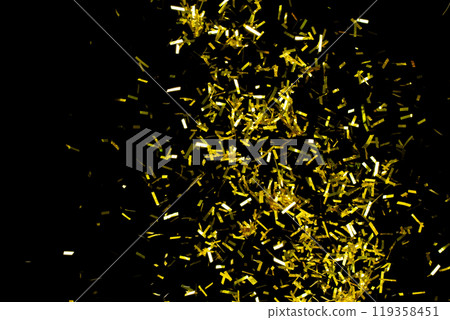 Many Party glitter scatter in many group. Golden Confetti Foil fall splashing in air. Gold Confetti Foil explosion flying, abstract cloud fly. Black background isolated element freeze Many Party glitter scatter in many group. Golden Confetti Foil fall splashing in air. Gold Confetti Foil explosion flying, abstract cloud fly. Black background isolated element freeze 119358451