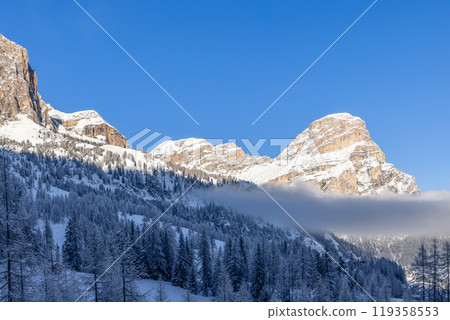 Sassongher mountain rises above clouds, dividing the snowy forest below, with bright peaks and trees Sassongher mountain rises above clouds, dividing the snowy forest below, with bright peaks and trees 119358553