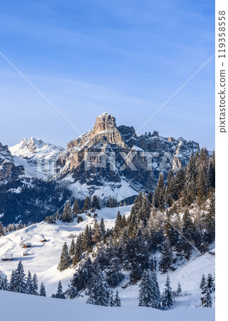 Sassongher Mountain rises over snow-covered hills and forests, glowing in soft evening light 119358558