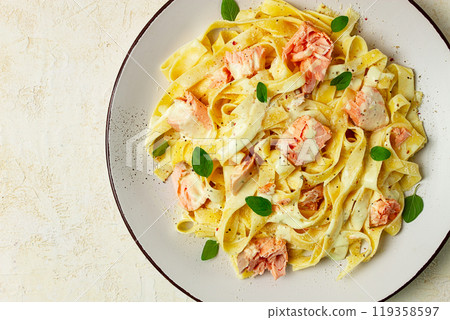 tagliatelle pasta, in cream sauce with salmon, homemade, no people, tagliatelle pasta, in cream sauce with salmon, homemade, no people, 119358597
