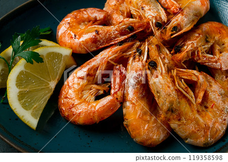 Fried with spices, King prawns, undivided , top view, selective focus, seafood, shrimp, no people, Fried with spices, King prawns, undivided , top view, selective focus, seafood, shrimp, no people, 119358598