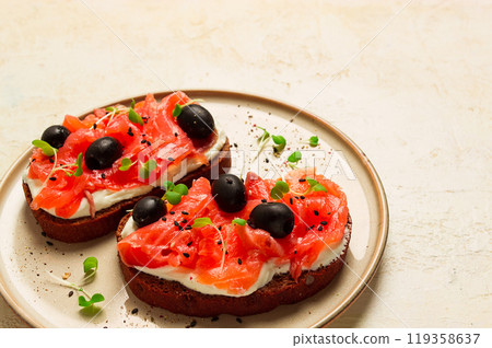 sandwiches with red fish, cream cheese, olives and microgreens, breakfast, sandwiches with red fish, cream cheese, olives and microgreens, breakfast, 119358637
