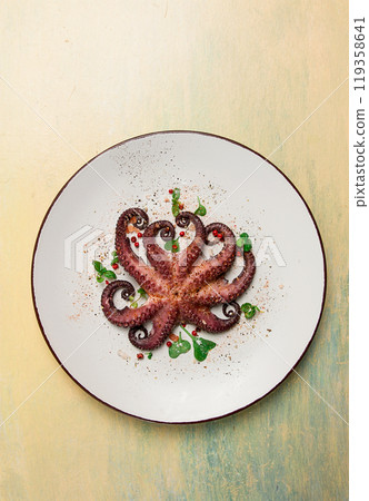 Boiled octopus, close-up, rustic style, no people, top view, close-up, Boiled octopus, close-up, rustic style, no people, top view, close-up, 119358641