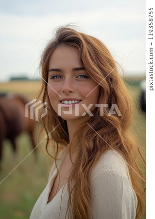 A woman with red hair smiles in an open field, with horses grazing in the distance 119358755