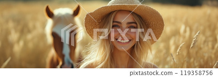 A woman wearing a straw hat smiles brightly in a sunlit field, with a horse in the background 119358756