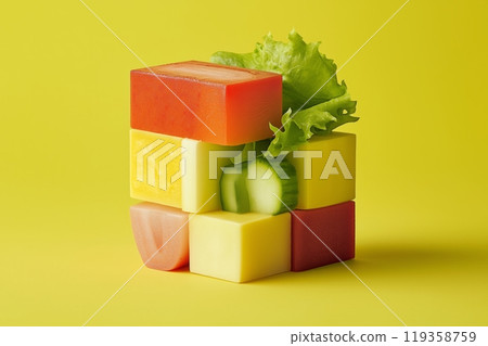A colorful cube of cheese tomato lettuce and cucumber pieces stacked together on a yellow background 119358759