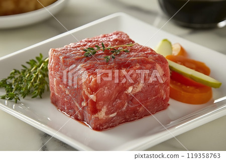 A raw beef cube garnished with herbs, served on a white plate with colorful vegetables on the side 119358763