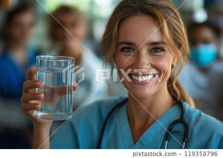 A smiling nurse in a medical uniform holding a glass of water, surrounded by blurred figures 119358796