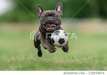 A joyful French bulldog runs across the grass with soccer ball in its mouth ears flopping in motion 119358818