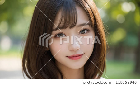 A woman smiling gently in the park A woman smiling gently in the park 119358946