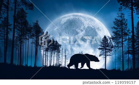 滿月的夜晚，一隻熊在森林裡行走的剪影 119359157