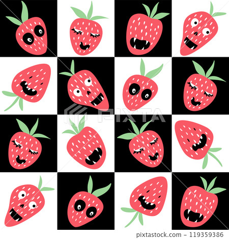 Vector seamless pattern for Halloween Strawberry monsters. Checkerboard version. Vector seamless pattern for Halloween Strawberry monsters. Checkerboard version. 119359386