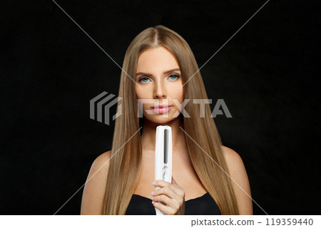 Fashionable fashion model with brown shiny straight haistyle portrait. Cute woman Fashionable fashion model with brown shiny straight haistyle portrait. Cute woman 119359440