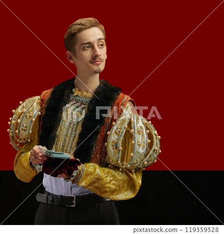 Man wearing Renaissance-style attire with hint of modern shirt and belt, counting modern money, showing blend of wealth across eras. Creative collage. 119359528