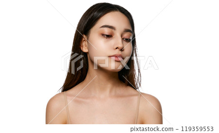 Portrait of beautiful Korean, young girl with brunette hair, well-kept, smooth skin and perfect face shapes, posing isolated on white background. Portrait of beautiful Korean, young girl with brunette hair, well-kept, smooth skin and perfect face shapes, posing isolated on white background. 119359553