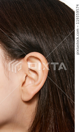 Close-up of woman ear. Hearing health is crucial for overall well-being. Importance of regular hearing tests. Hearing care. Close-up of woman ear. Hearing health is crucial for overall well-being. Importance of regular hearing tests. Hearing care. 119359574