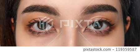 Close-up shot of a woman eyes, focusing on her lashes and brows, emphasizing natural beauty. Lash extensions, lamination Close-up shot of a woman eyes, focusing on her lashes and brows, emphasizing natural beauty. Lash extensions, lamination 119359587