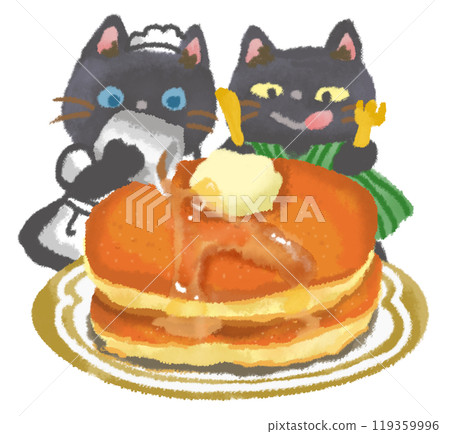 A black cat ordering delicious looking pancakes 119359996