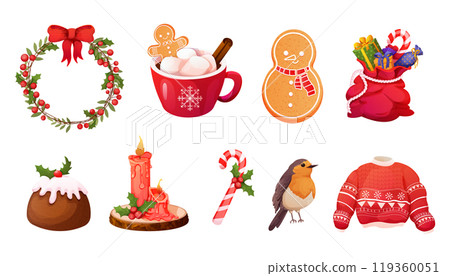 Set winter Traditional Pudding, Christmas gingerbread snowman, ,winter dessert, pastry with cream, robin bird candle, cup with hot chocolate garland winter sweater Set winter Traditional Pudding, Christmas gingerbread snowman, ,winter dessert, pastry with cream, robin bird candle, cup with hot chocolate garland winter sweater 119360051