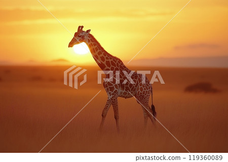 A giraffe walks across a golden savannah at sunset, its silhouette framed by the glowing sun 119360089