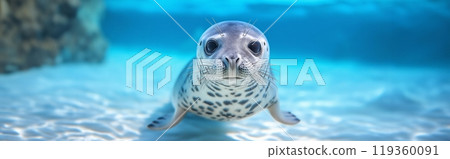 A seal glides gracefully through calm, blue ocean waters, staring forward in serene underwater scene 119360091