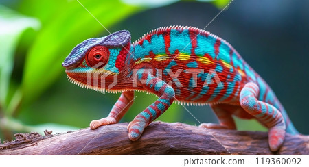 A colorful chameleon with striking red, blue, and green patterns, perched on a tree branch A colorful chameleon with striking red, blue, and green patterns, perched on a tree branch 119360092