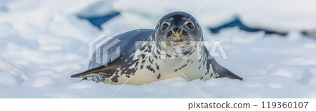A seal with whiskers rests on thick snow, its sleek body blending with the frosty environment A seal with whiskers rests on thick snow, its sleek body blending with the frosty environment 119360107