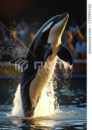 An orca breaches upright from the water, creating a powerful splash in front of an audience 119360120