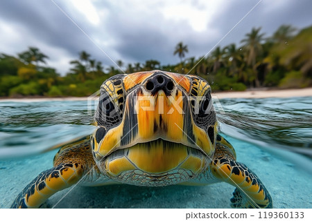 A sea turtles face emerges from the water in a tropical setting with palm trees in the background 119360133