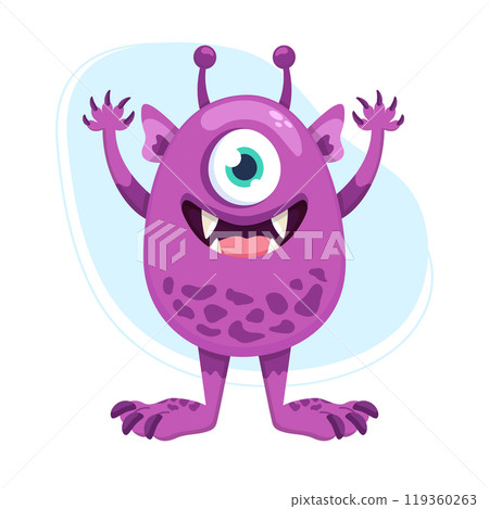 Cute cartoon monster. Funny purple monster face in childish style isolated on white background. Vector illustration Cute cartoon monster. Funny purple monster face in childish style isolated on white background. Vector illustration 119360263