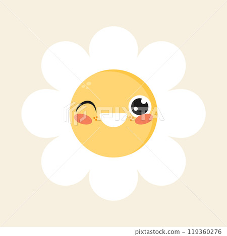 Cute cartoon daisy flower character in childish style is winking. Happy flower icon in flat design. Vector illustration 119360276