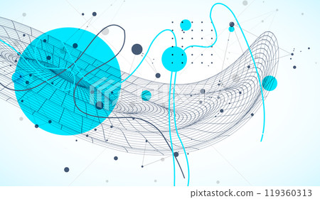 Template for science and technology presentation. Wireframe waves. Plexus style background. Template for science and technology presentation. Wireframe waves. Plexus style background. 119360313