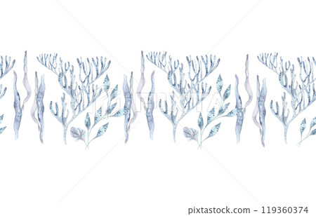 Seaweeds, corals delicate watercolor seamless border isolated. Monochrome soft blue sea plants reefs and laminaria on repeated banner hand drawn. Botanical underwater plants design wallpaper border. 119360374