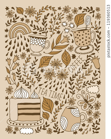 Flowers and leafs vector illustration, with tea and coffee cups, branches, rainbow, clouds, floral background Flowers and leafs vector illustration, with tea and coffee cups, branches, rainbow, clouds, floral background 119360513